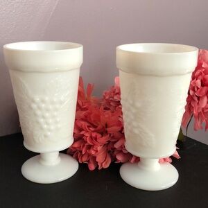 Vintage white milk glass set 2 tall pedestal drinking glasses grapevine pattern